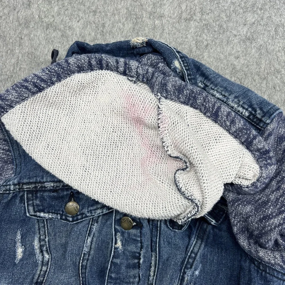 Free People Jacket Womens S Blue Denim Jean Hooded Knit Sleeve Distressed - Picture 8 of 16
